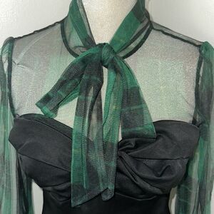 7th Ave New York black corset green sheer tartan plaid blouse top S small